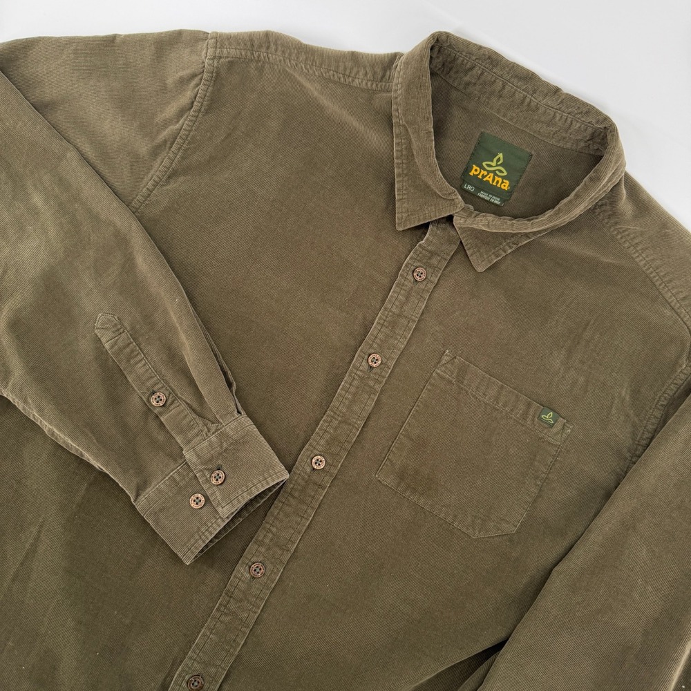 Prana Corduroy Button Down Shirt Mens Large Olive Green Long Sleeve Pocket